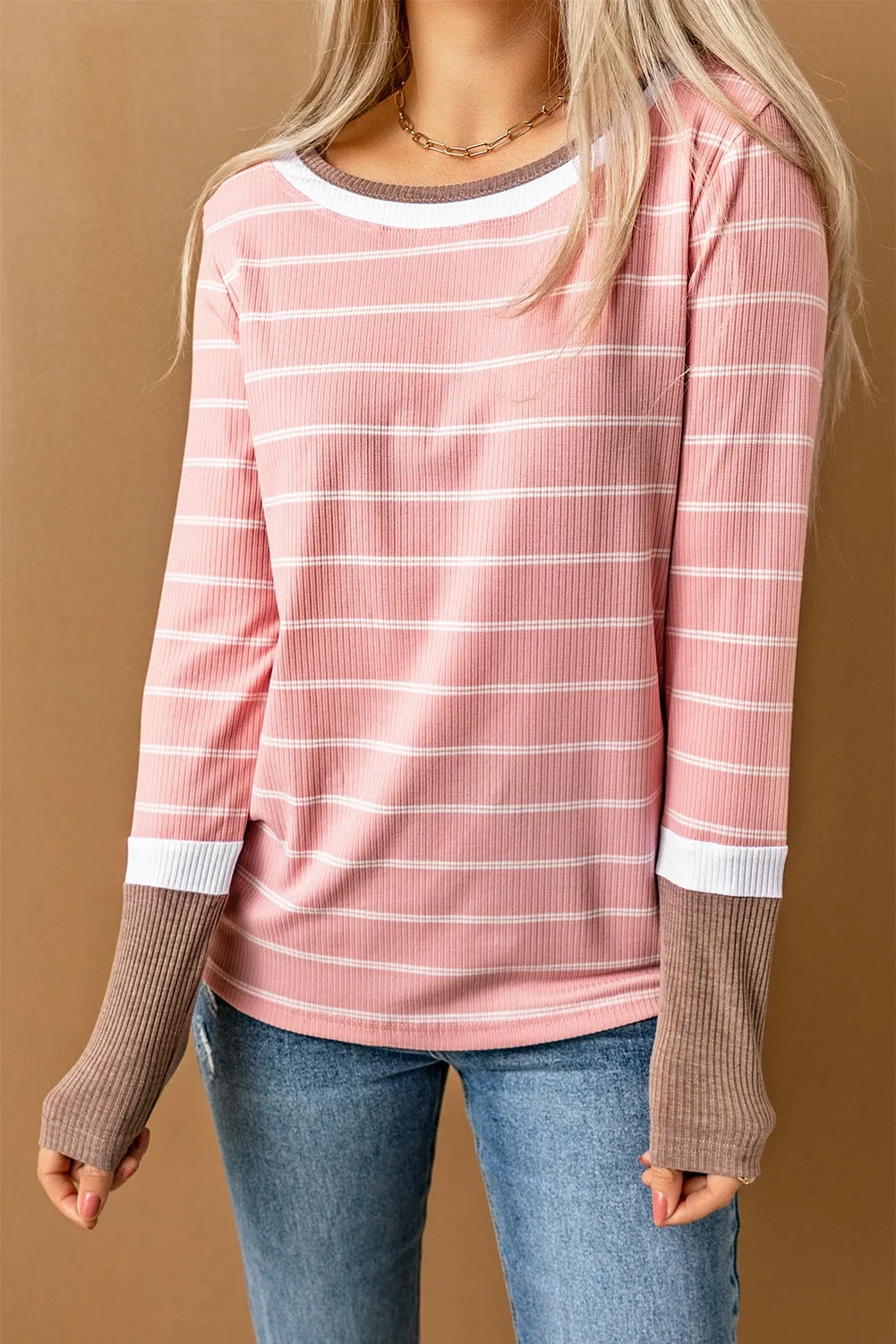 Extend Color Block Cuffs Rib Knit Striped Pullover