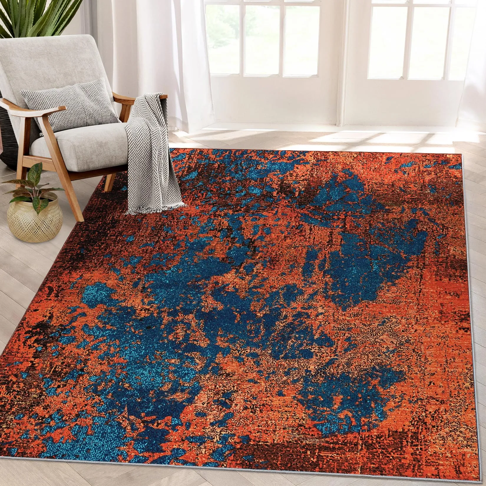 GARVEE 4x6 Rug for Living Room Washable Rugs Modern Area Rug for Bedroom Abstract Rug Non Slip Carpet Throw Rugs Stain Resistant Office Rug Classroom Rug 4'x6' Red/Blue