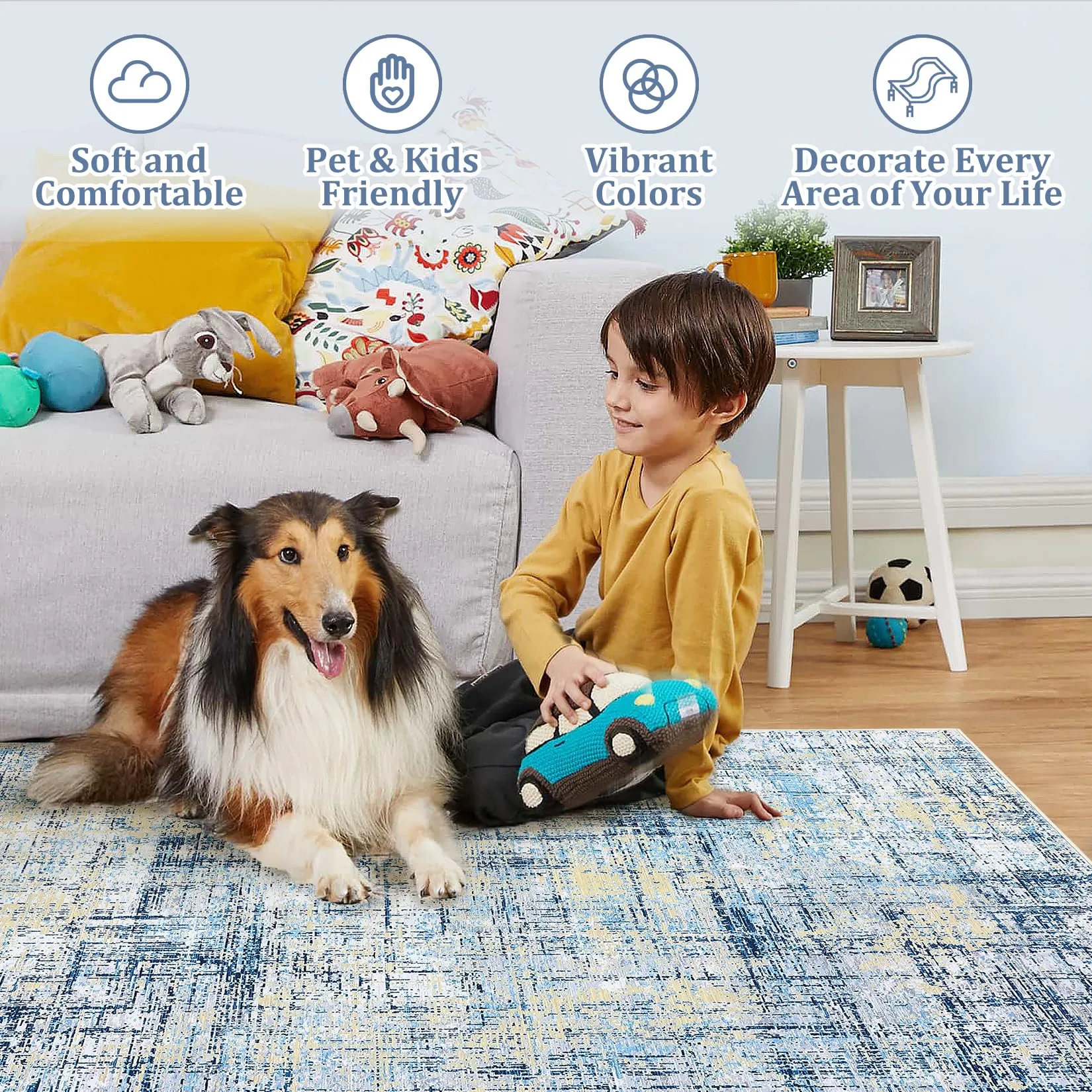 GARVEE Area Rug 9x12 Abstract Contemporary Area Rugs Non Slip Washable Rug Ultra Soft Rug Colorful Overdyed Mat Low Pile Thin Rug Stain Resistant Distressed Rugs for Living Room Bedroom, Navy Multi