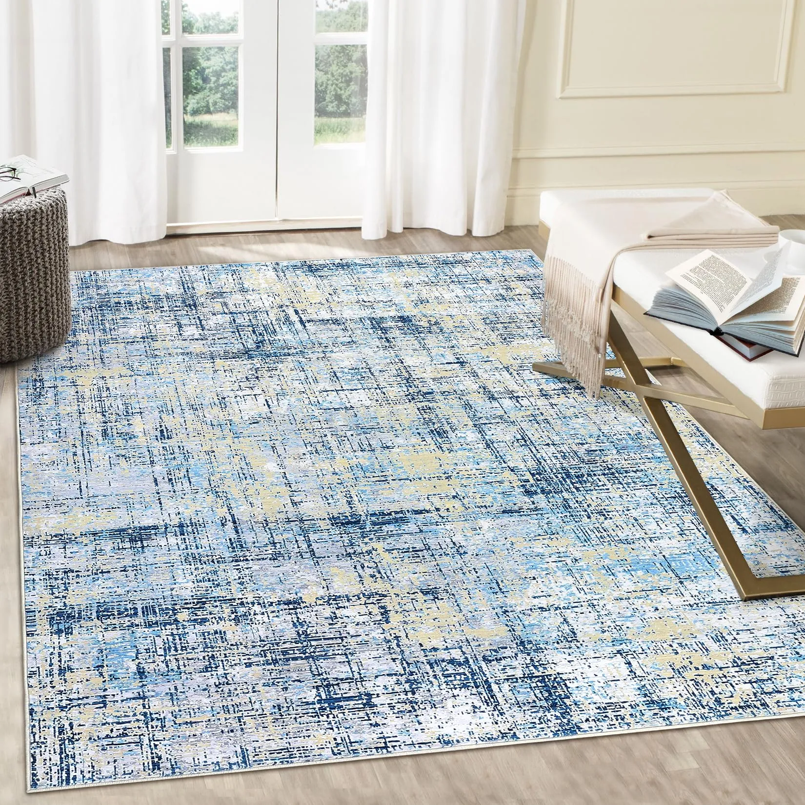 GARVEE Area Rug 9x12 Abstract Contemporary Area Rugs Non Slip Washable Rug Ultra Soft Rug Colorful Overdyed Mat Low Pile Thin Rug Stain Resistant Distressed Rugs for Living Room Bedroom, Navy Multi