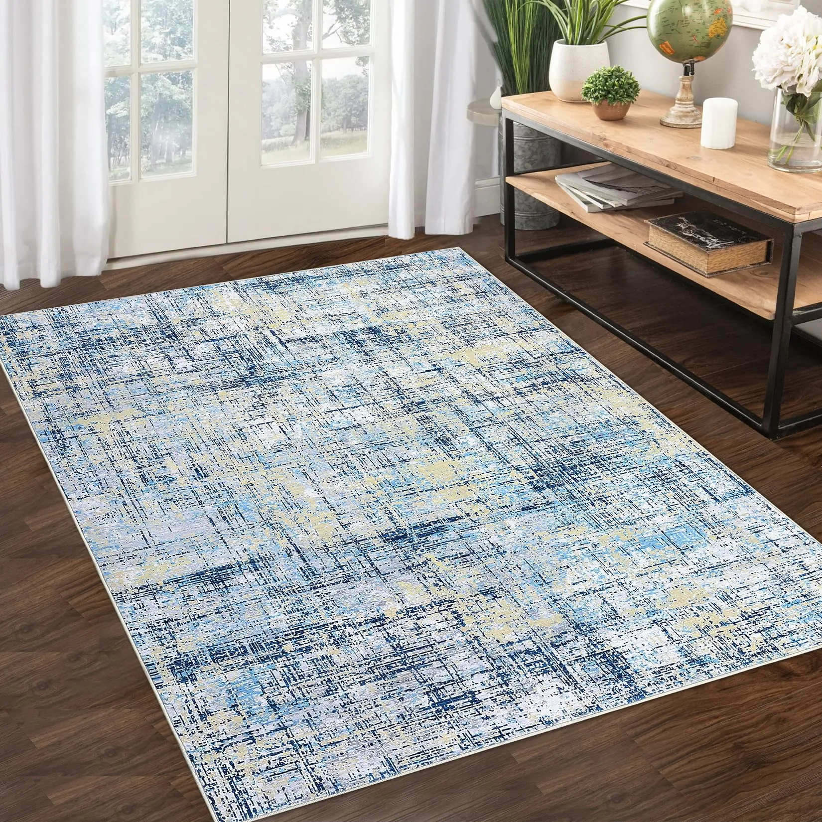 GARVEE Area Rug 9x12 Abstract Contemporary Area Rugs Non Slip Washable Rug Ultra Soft Rug Colorful Overdyed Mat Low Pile Thin Rug Stain Resistant Distressed Rugs for Living Room Bedroom, Navy Multi