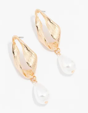 Gold Oval Pearl Drop Earrings