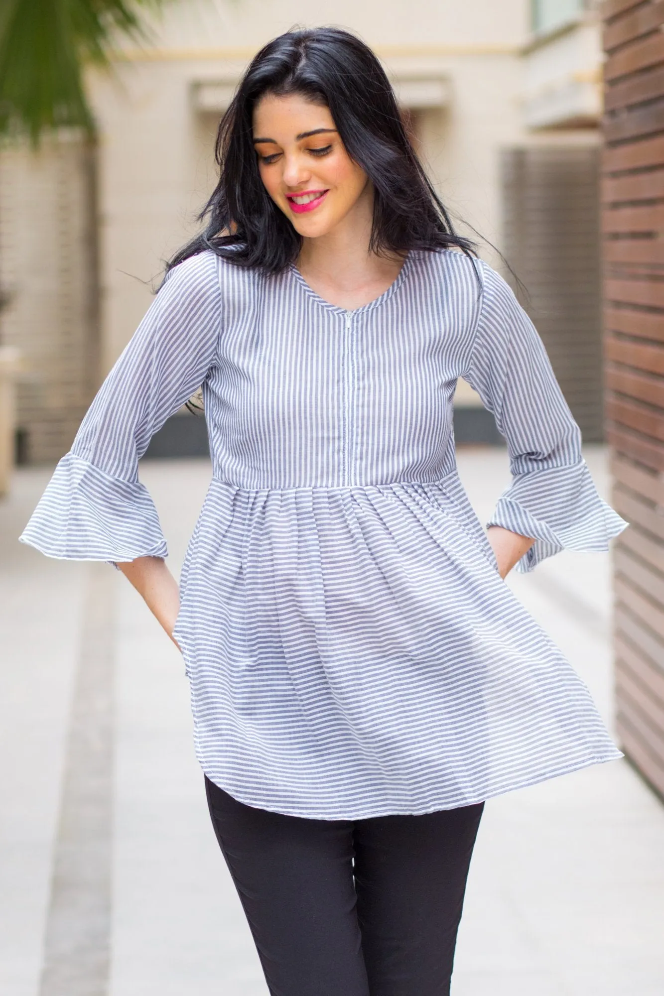 Grey Elegant Striped Nursing Top