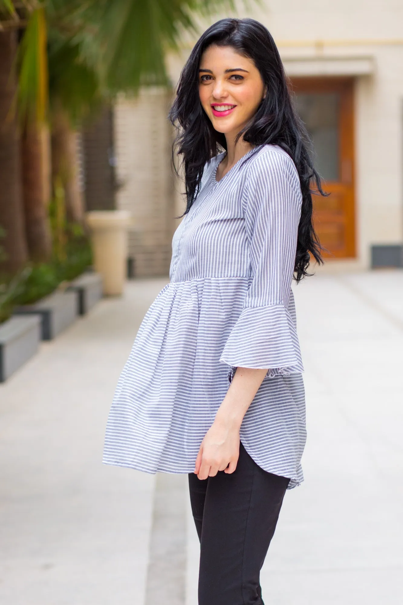 Grey Elegant Striped Nursing Top