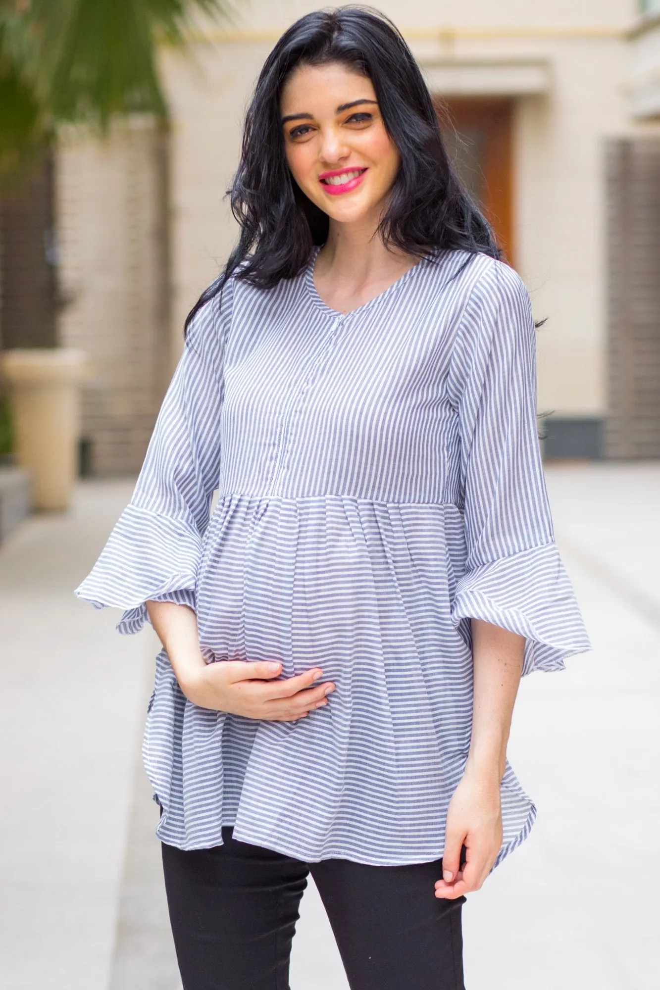 Grey Elegant Striped Nursing Top