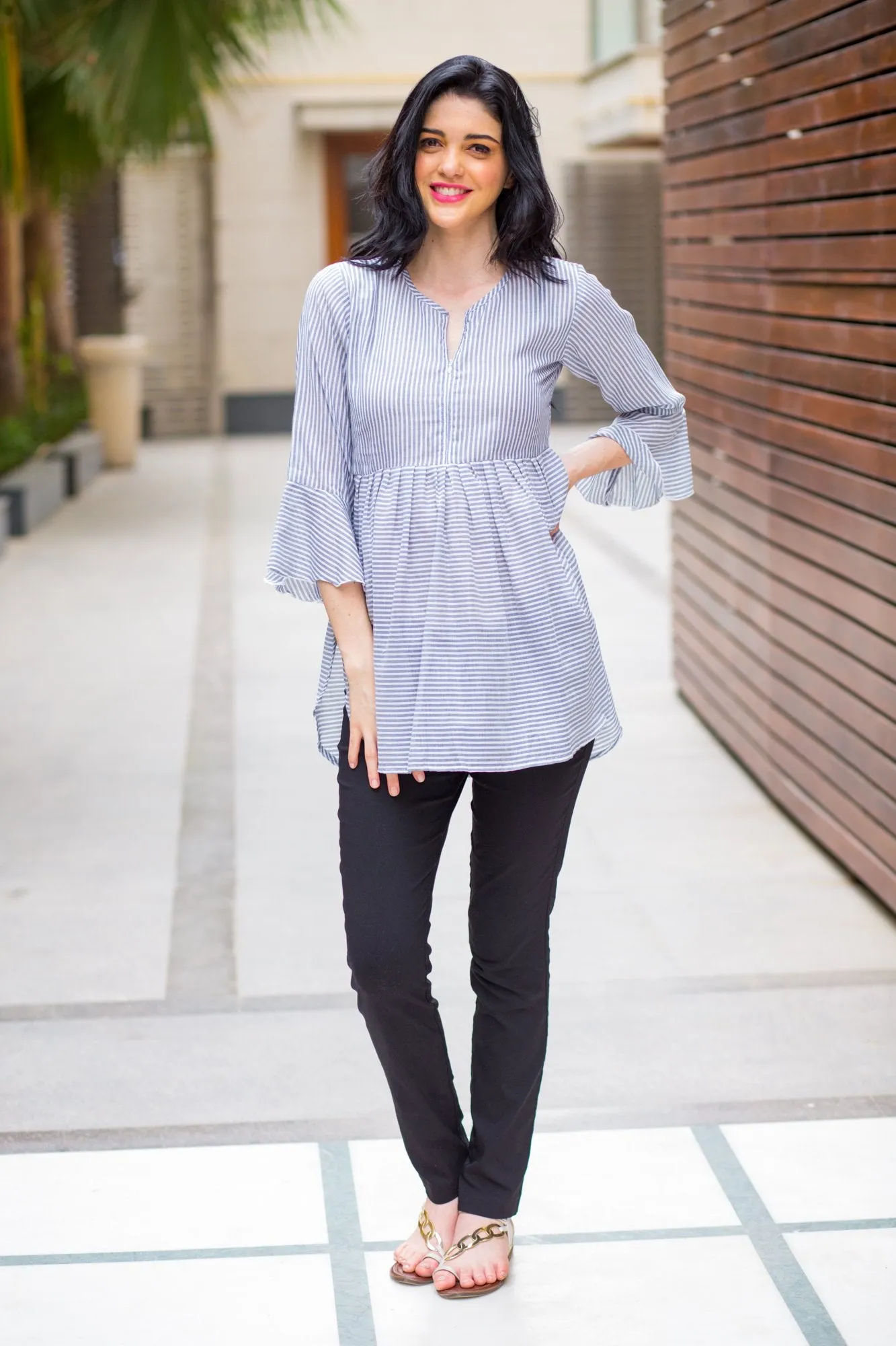 Grey Elegant Striped Nursing Top