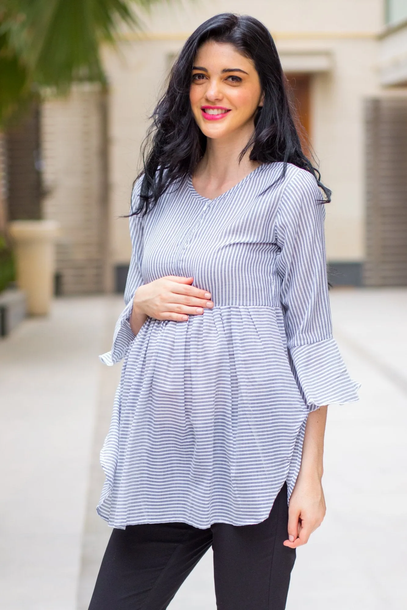 Grey Elegant Striped Nursing Top