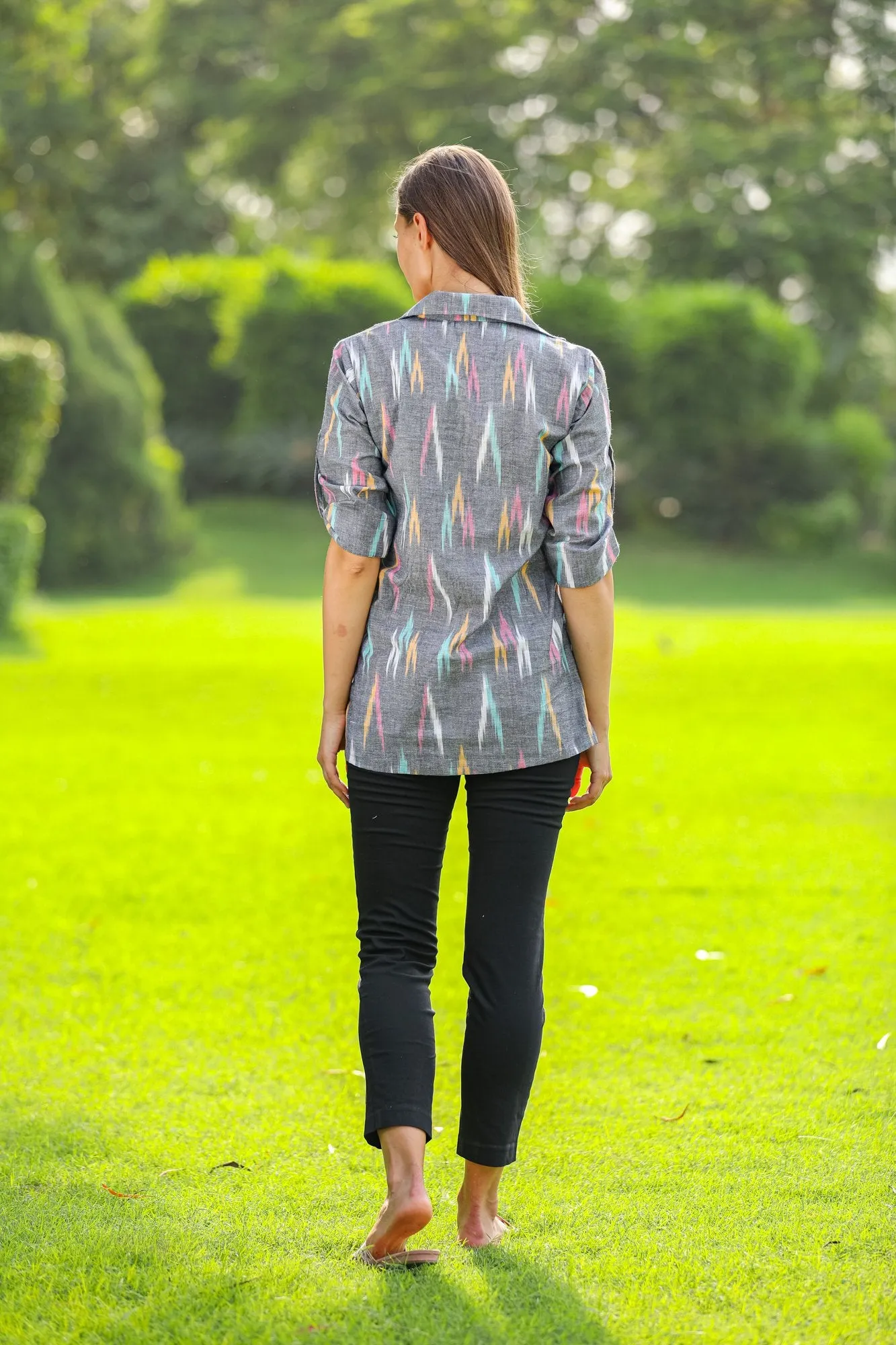 Grey Ikat Gathered Viscose Maternity and Nursing Shirt