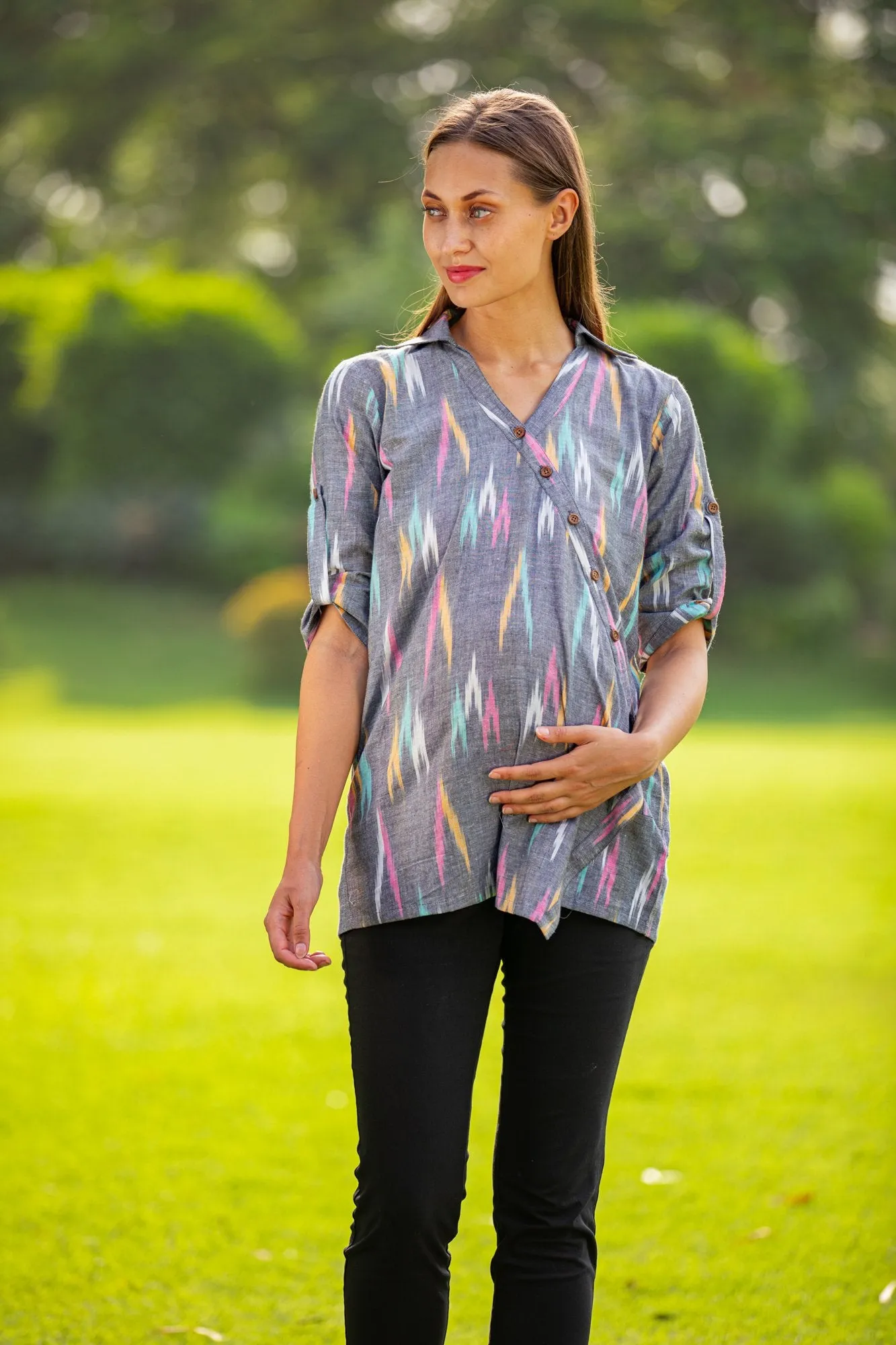 Grey Ikat Gathered Viscose Maternity and Nursing Shirt