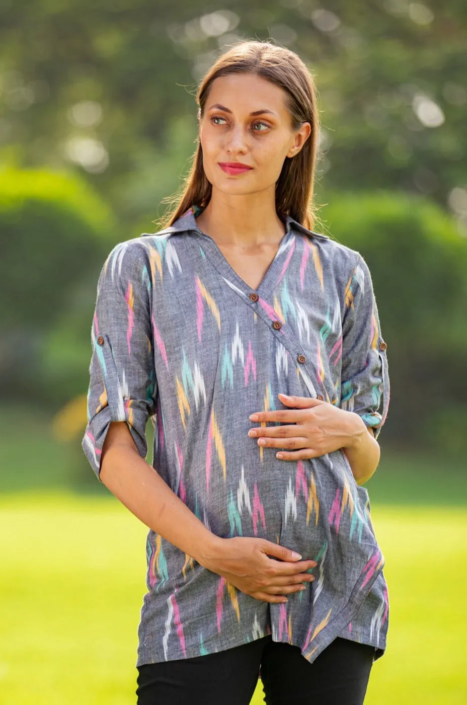 Grey Ikat Gathered Viscose Maternity and Nursing Shirt