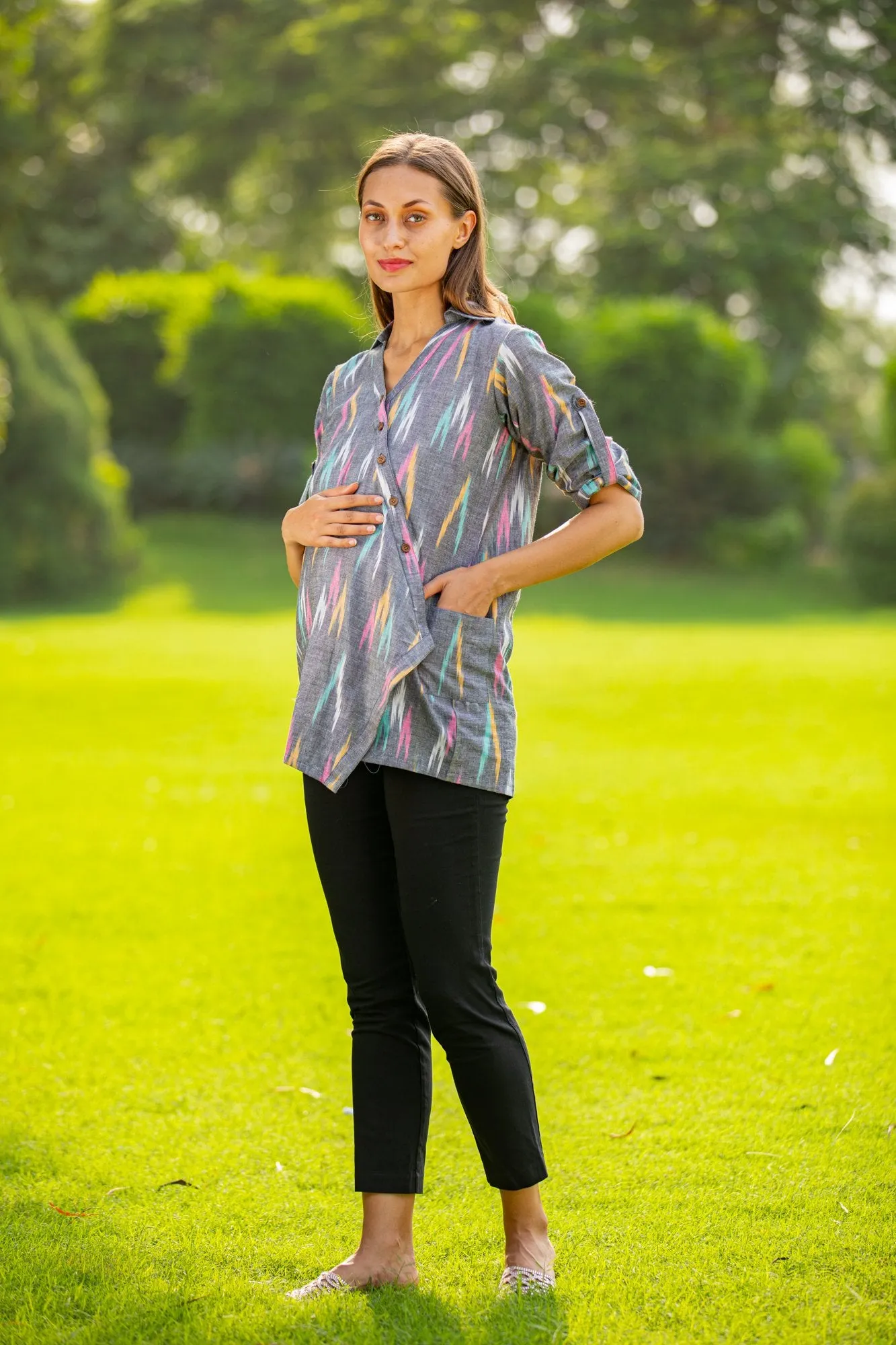 Grey Ikat Gathered Viscose Maternity and Nursing Shirt