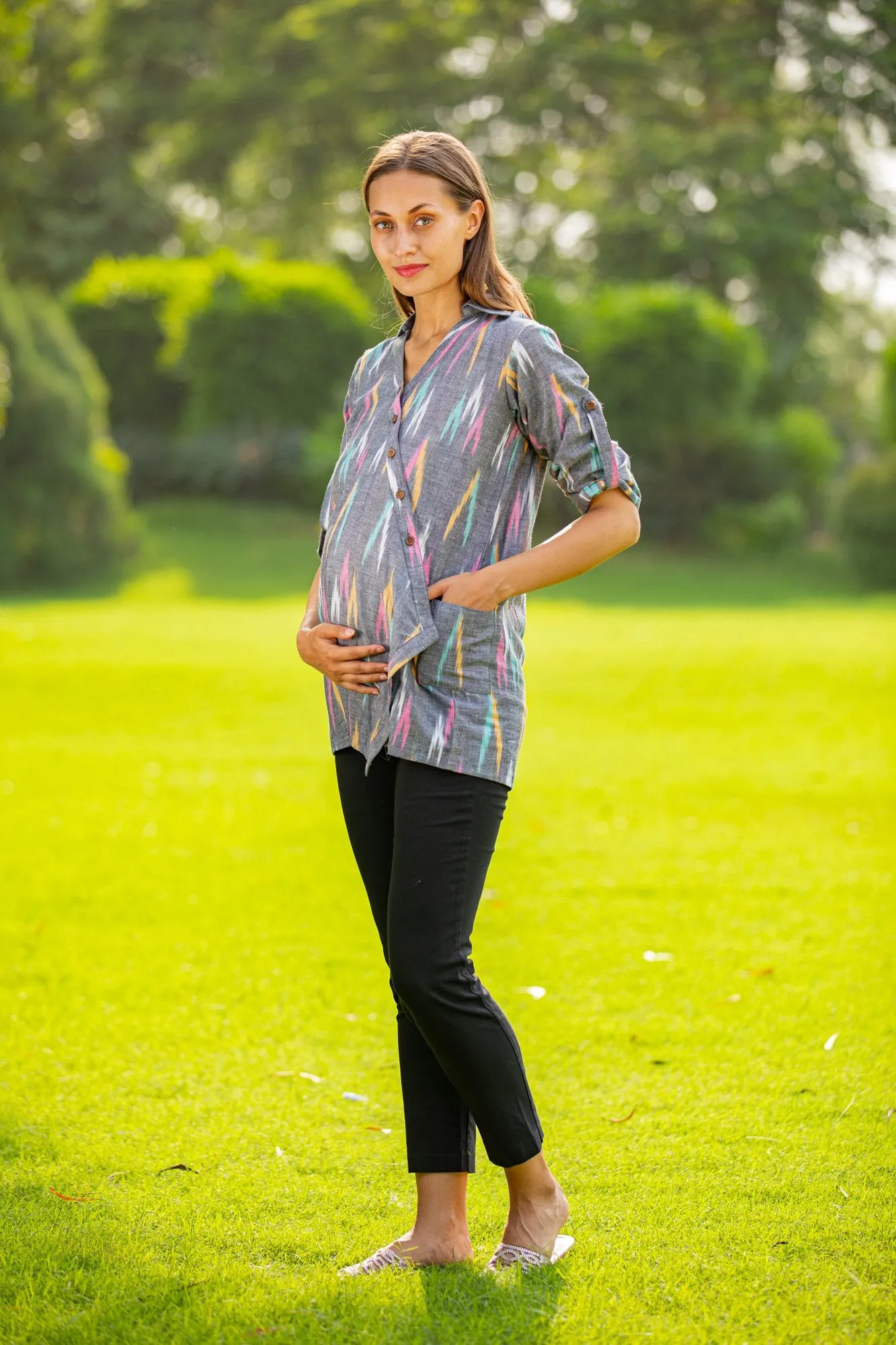 Grey Ikat Gathered Viscose Maternity and Nursing Shirt