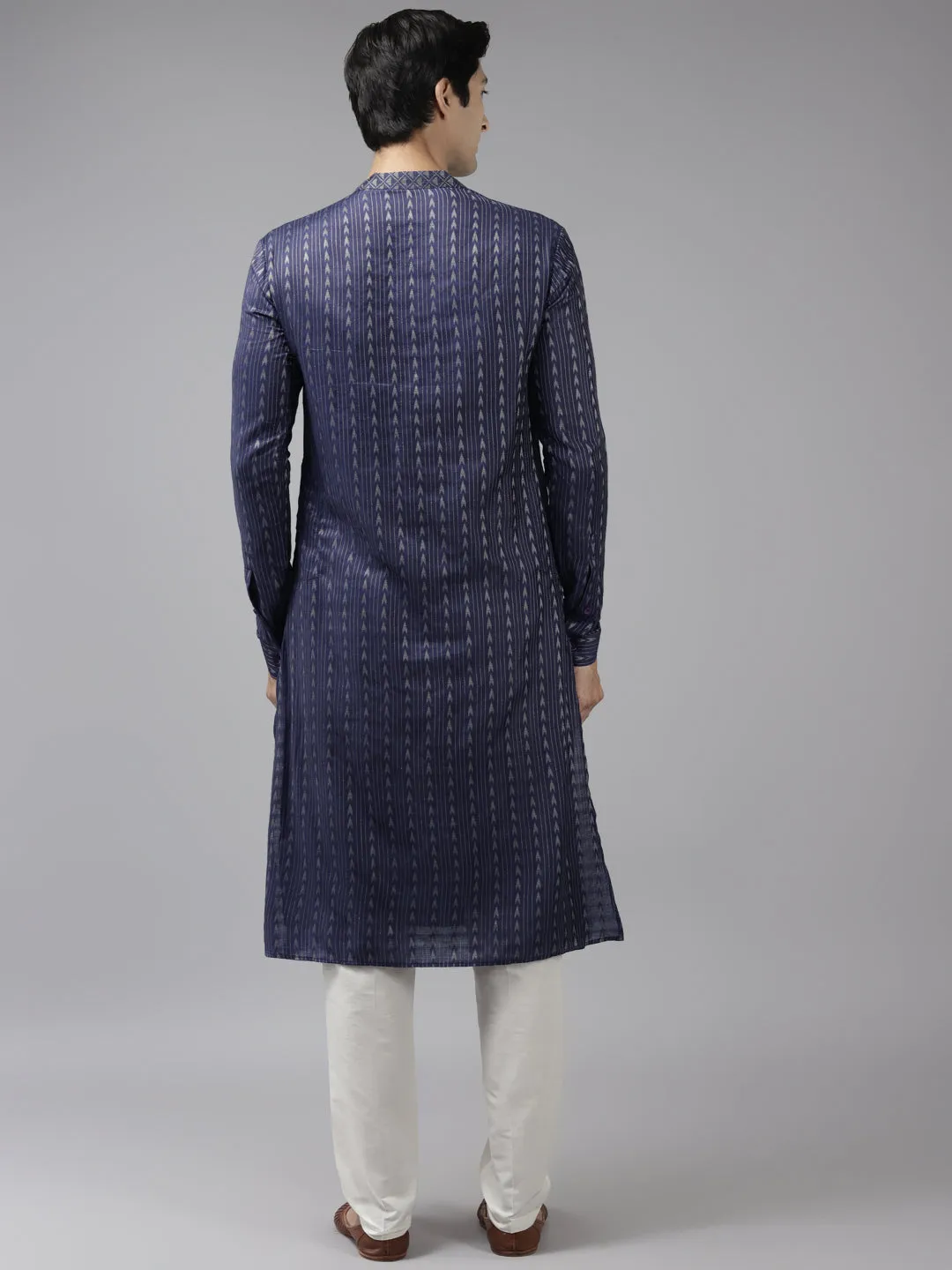 Men Blue & Beige Woven Design Thread Work Kurta