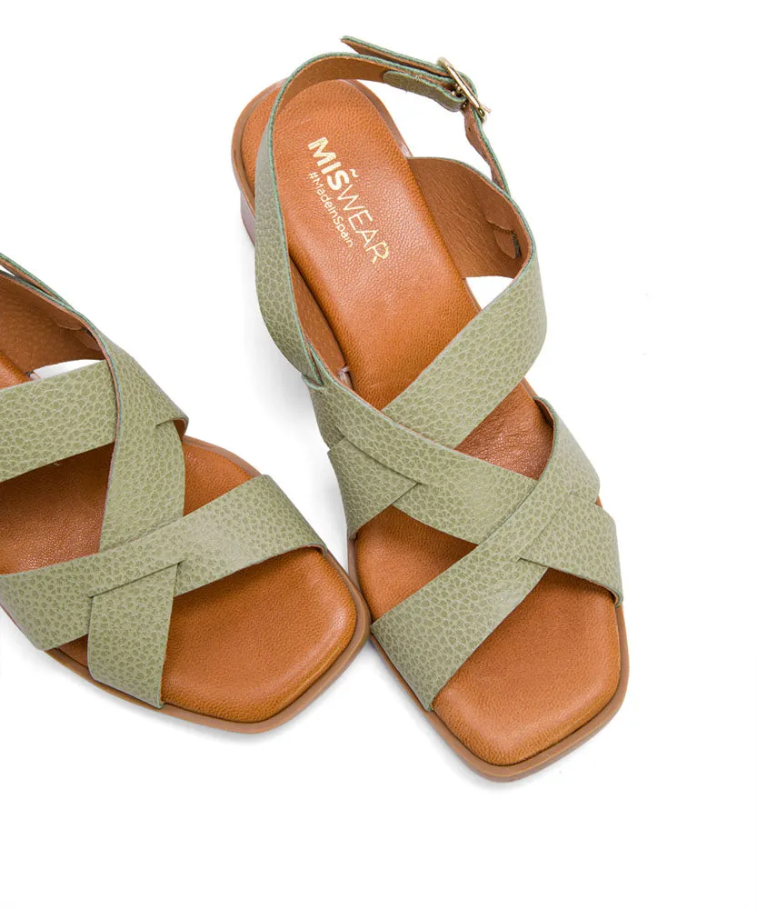 Olive Green Leather Heeled Sandals with Slingback