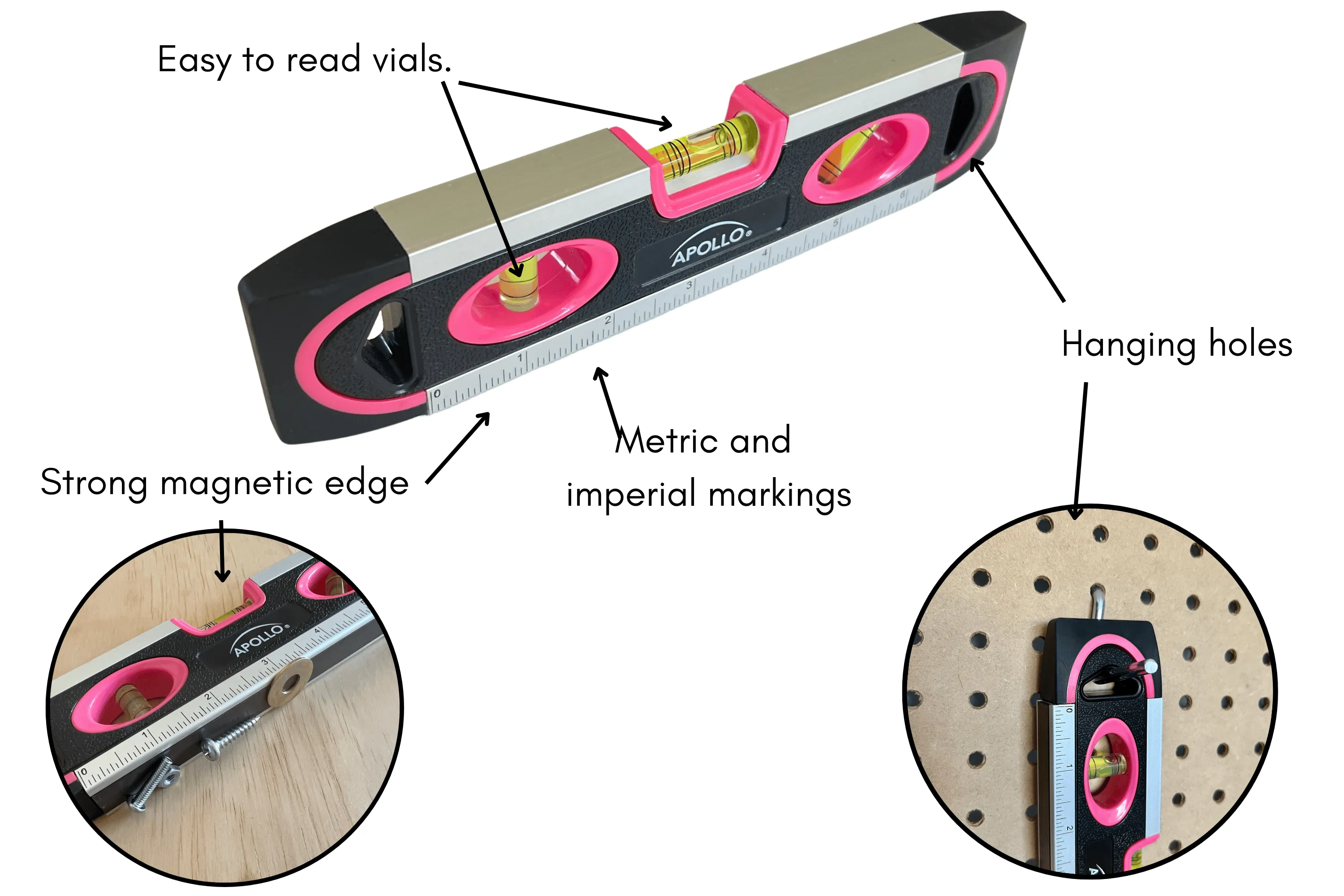 PINK 9-inch torpedo-shaped spirit level for 180/90/45 degrees leveling--  DT5019P