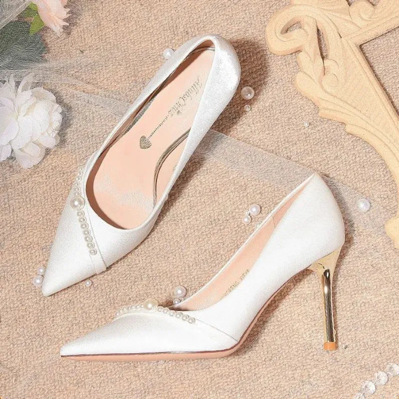 Pumps on Heeled White Shoes for Woman 2024 Women's Summer Footwear Pearl High Heels Wedding Bride Shoe Stilito Quality Stylish A