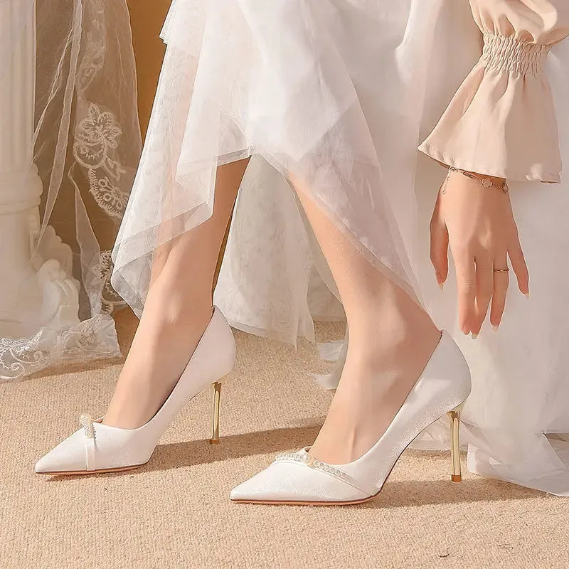 Pumps on Heeled White Shoes for Woman 2024 Women's Summer Footwear Pearl High Heels Wedding Bride Shoe Stilito Quality Stylish A