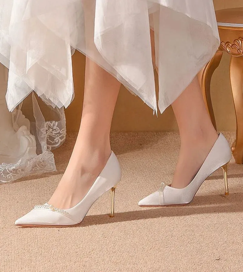 Pumps on Heeled White Shoes for Woman 2024 Women's Summer Footwear Pearl High Heels Wedding Bride Shoe Stilito Quality Stylish A