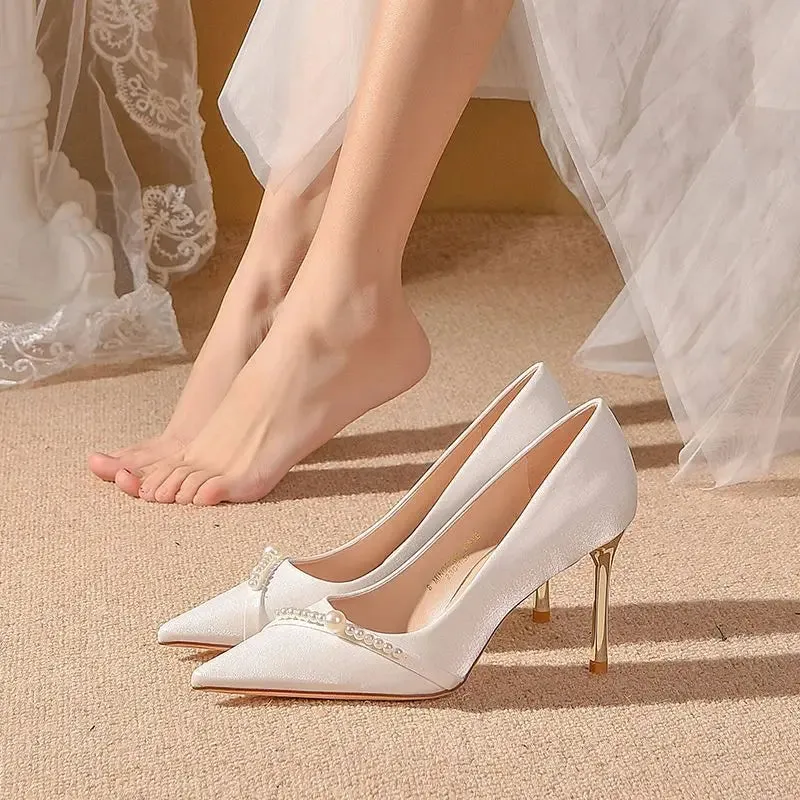 Pumps on Heeled White Shoes for Woman 2024 Women's Summer Footwear Pearl High Heels Wedding Bride Shoe Stilito Quality Stylish A