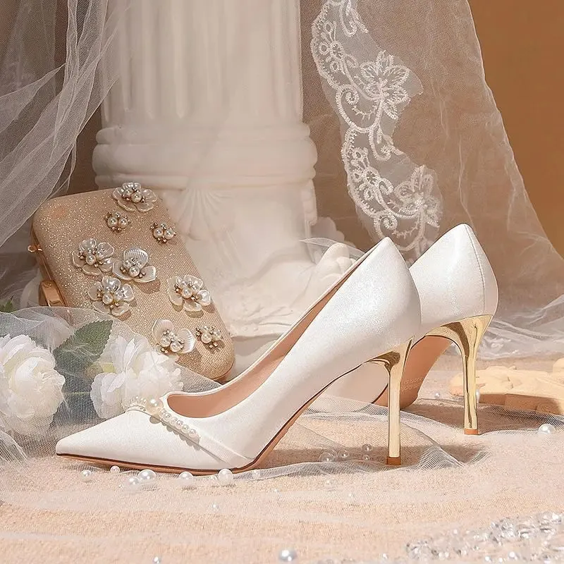 Pumps on Heeled White Shoes for Woman 2024 Women's Summer Footwear Pearl High Heels Wedding Bride Shoe Stilito Quality Stylish A