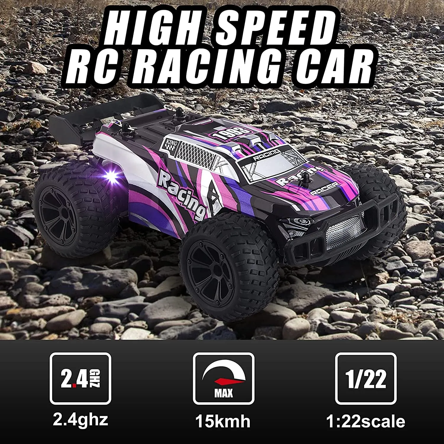 Remote Control Car, Led Light 2.4Ghz Powerful Offroad High Speed Racing Rc Car, Hobby Electric Toy Car 1:22 Multi-Terrain Buggy Crawler Truck with Rechargeable Battery, Gift for Boy Girl Kid