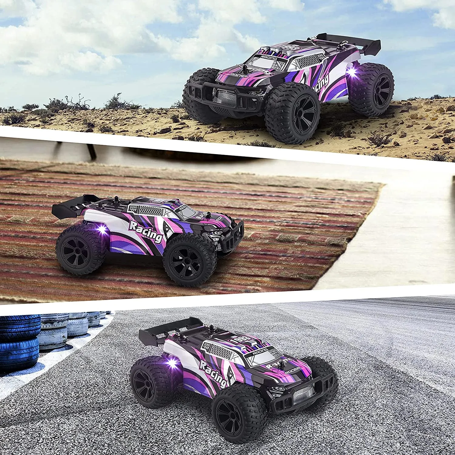 Remote Control Car, Led Light 2.4Ghz Powerful Offroad High Speed Racing Rc Car, Hobby Electric Toy Car 1:22 Multi-Terrain Buggy Crawler Truck with Rechargeable Battery, Gift for Boy Girl Kid