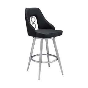 Ruby Contemporary 26 Counter Height Barstool in Brushed Stainless Steel Finish and Black Faux Leather