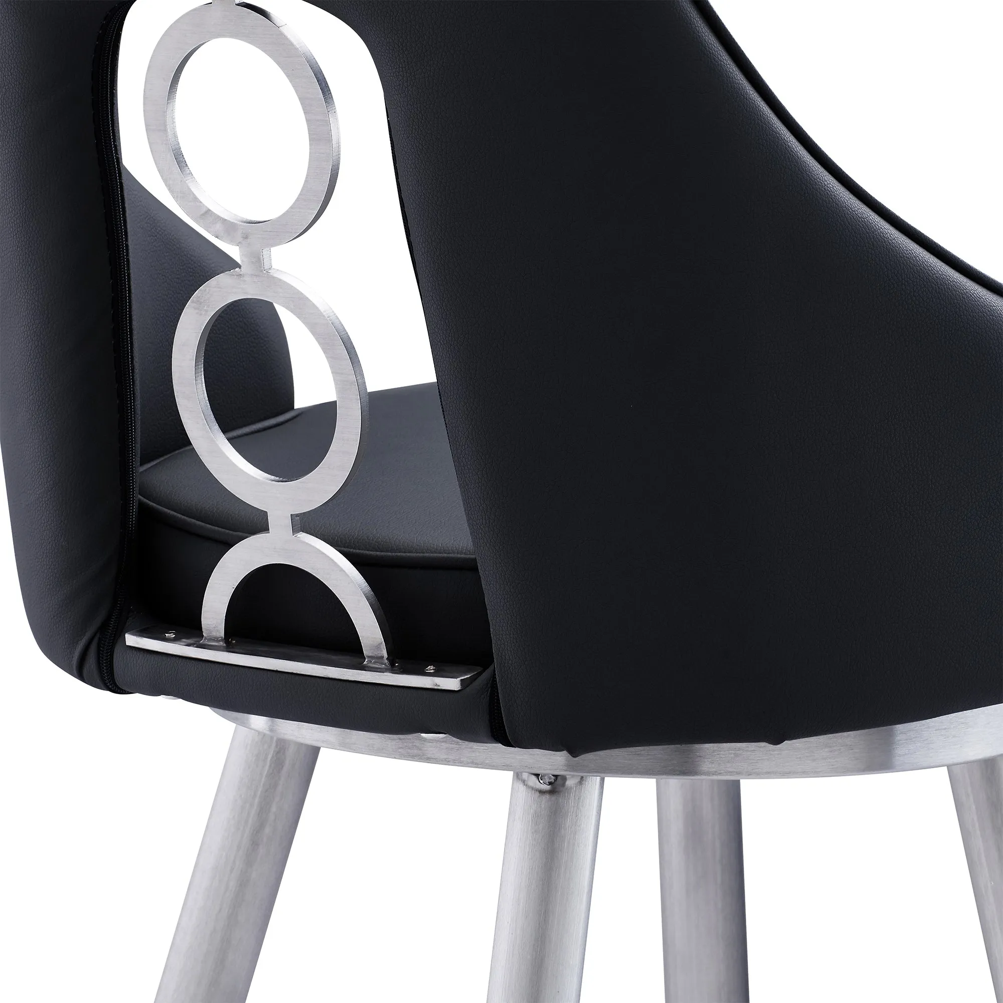 Ruby Contemporary 26 Counter Height Barstool in Brushed Stainless Steel Finish and Black Faux Leather