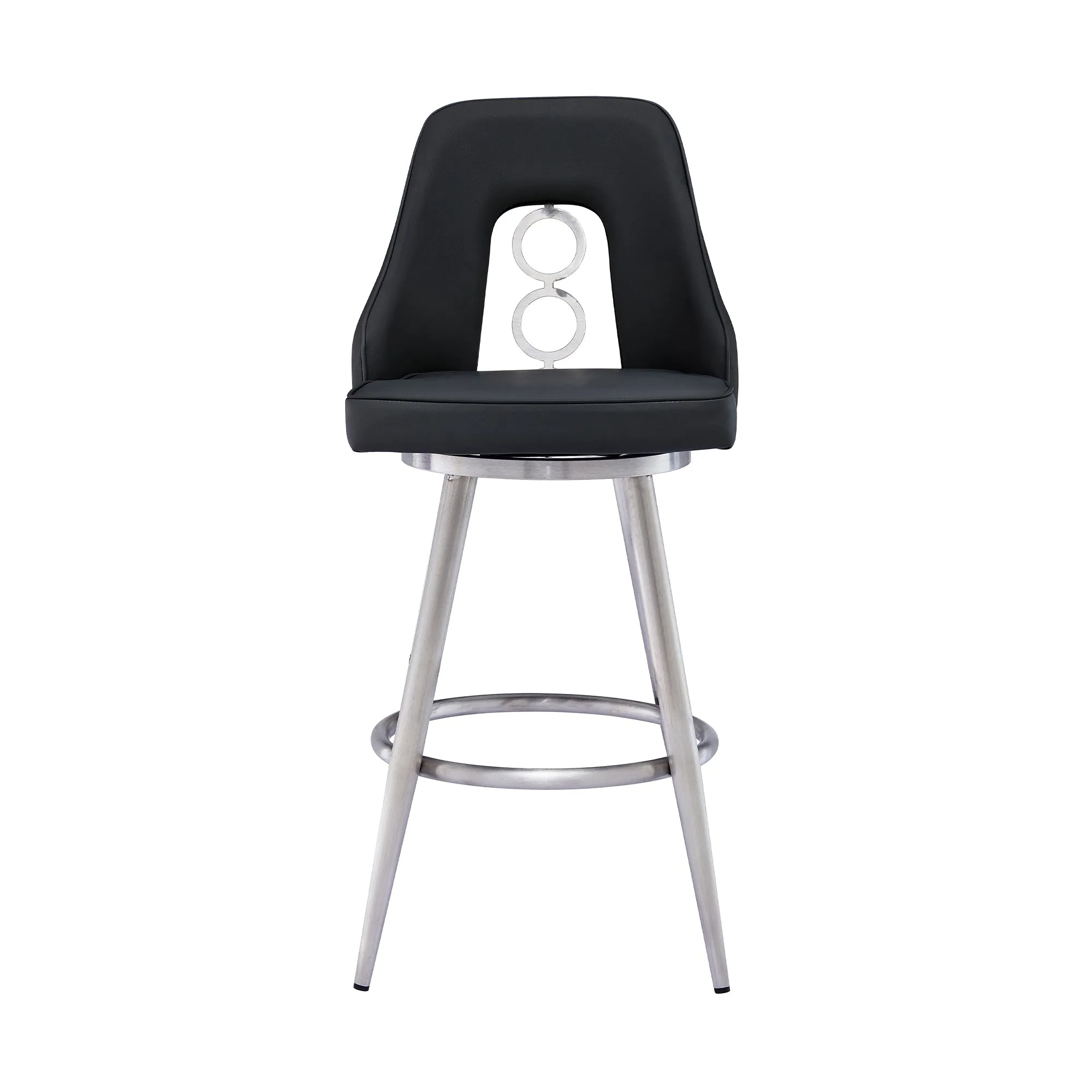 Ruby Contemporary 26 Counter Height Barstool in Brushed Stainless Steel Finish and Black Faux Leather