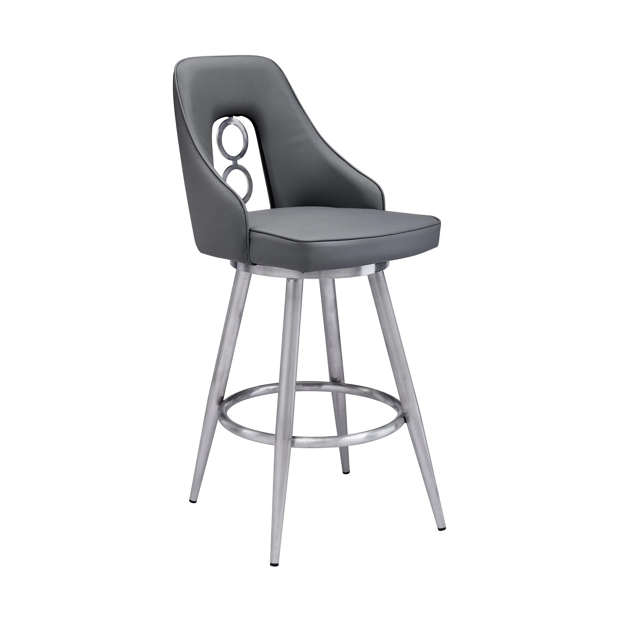 Ruby Contemporary 26 Counter Height Barstool in Brushed Stainless Steel Finish and Gray Faux Leather