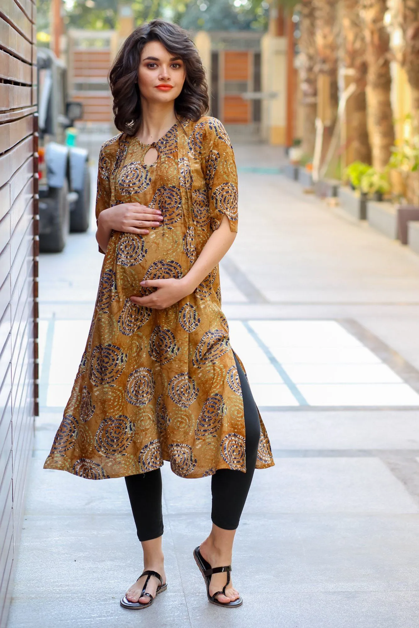 Rust Yellow Concealed Zips Nursing Kurta