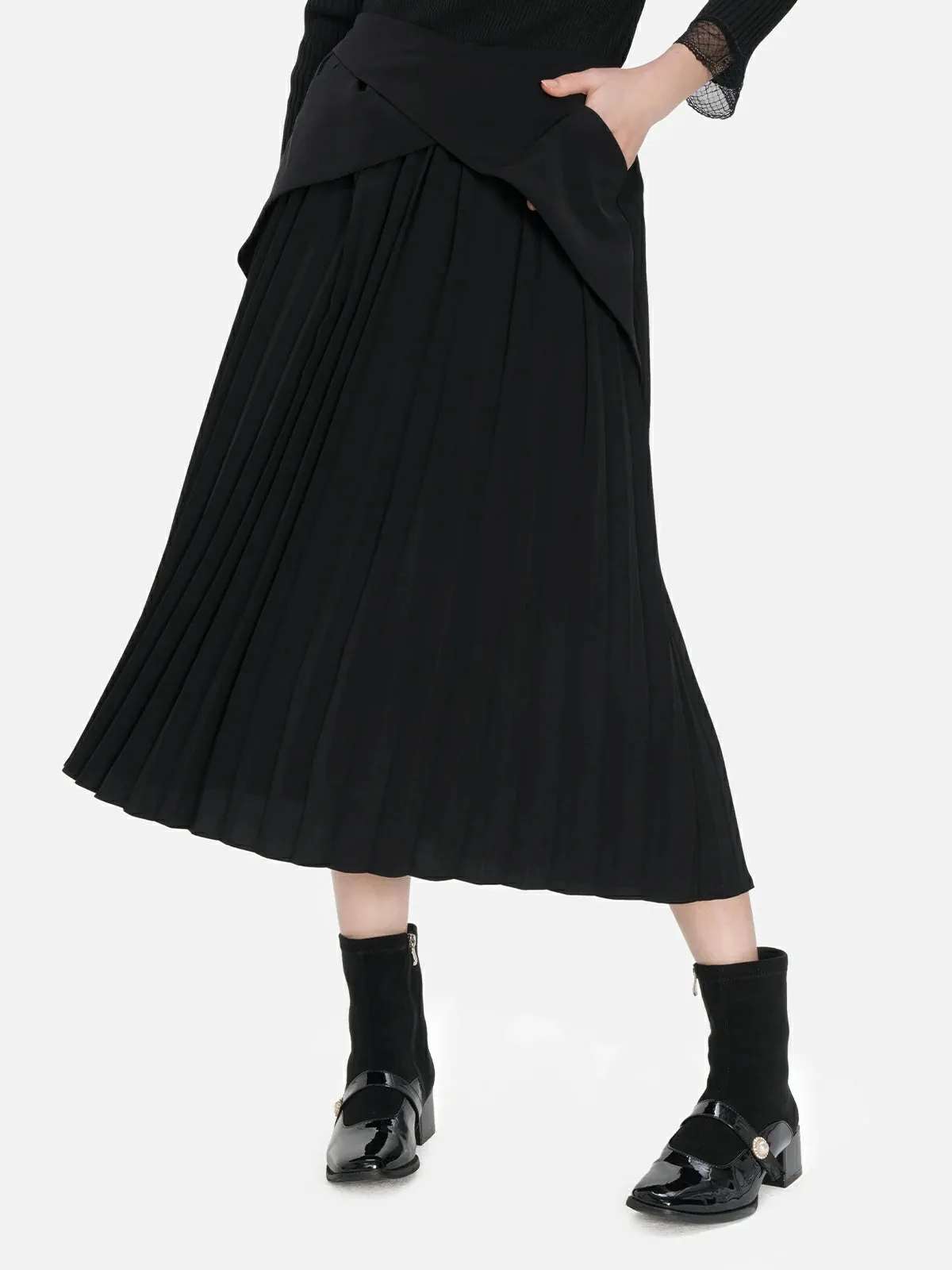 Splice Cross Pleated Suit Midi Skirt