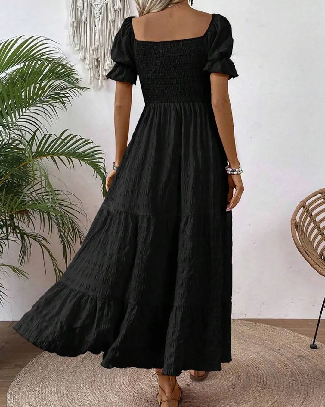 Square Neck Puff Sleeve A-line Puff Sleeve Long Black Dress