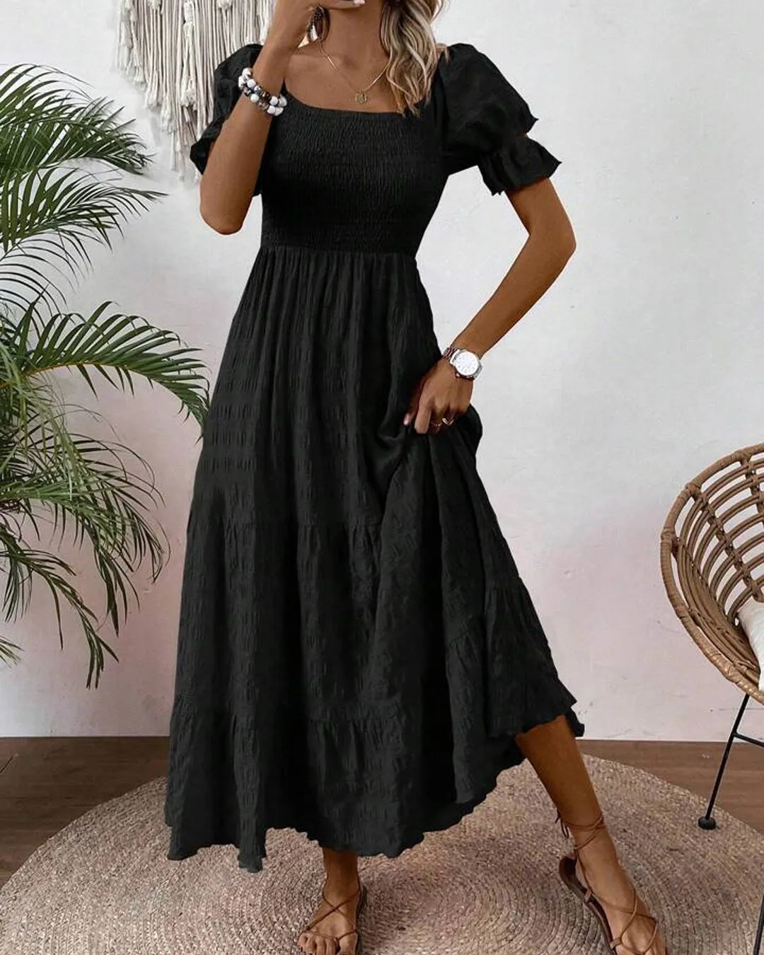 Square Neck Puff Sleeve A-line Puff Sleeve Long Black Dress