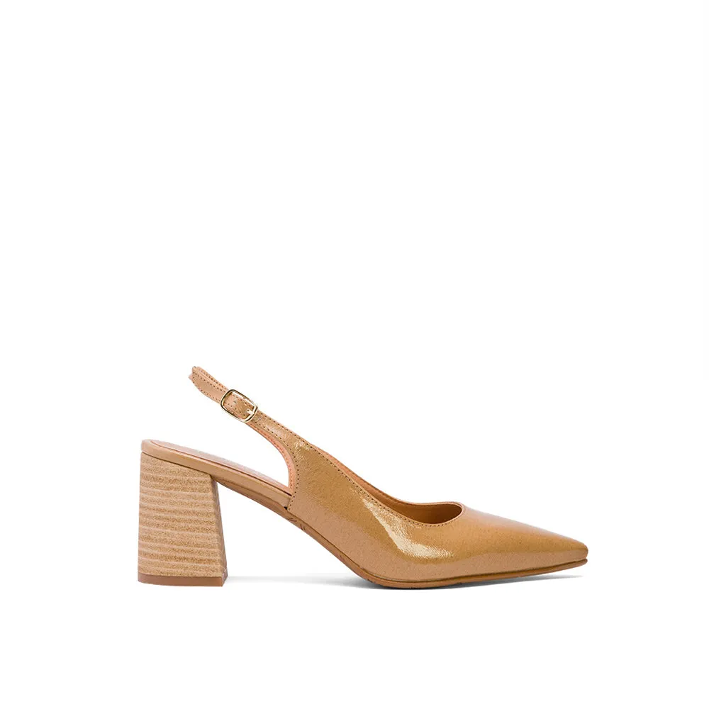 Tan Brown Leather Slingback Pumps with Chunky Heeled