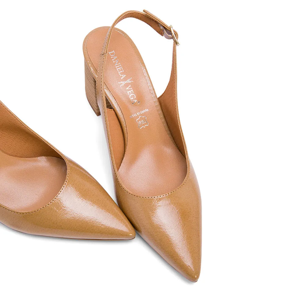 Tan Brown Leather Slingback Pumps with Chunky Heeled