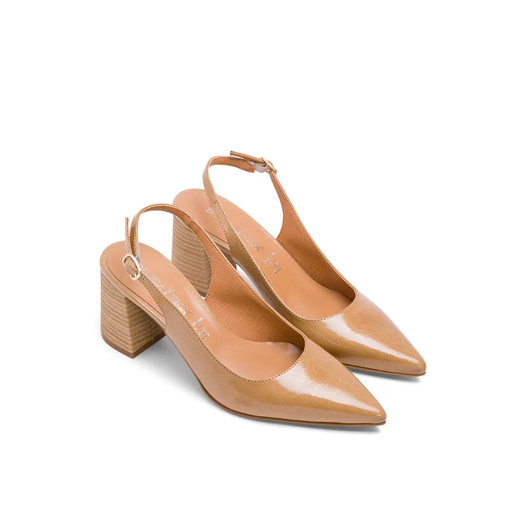 Tan Brown Leather Slingback Pumps with Chunky Heeled