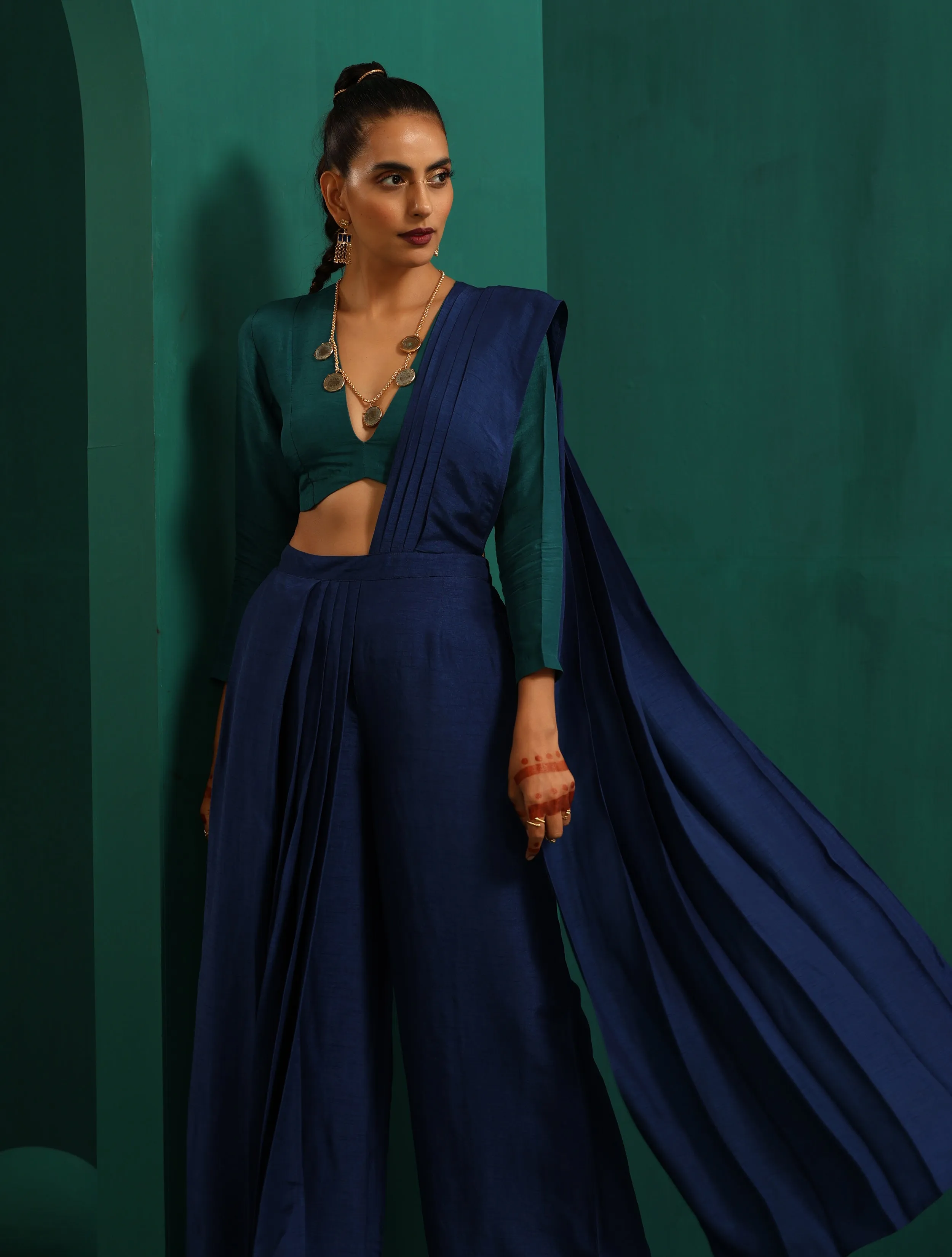 trueBrowns Blue Silk Ready To Wear Palazzo Saree